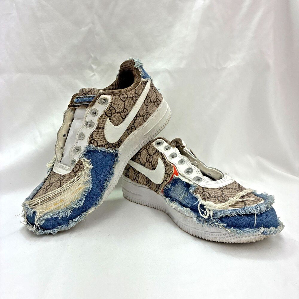 Custom Reworked Nike Air Force 1 Sneakers GG Denim Distressed Patchwork Size 5Y
